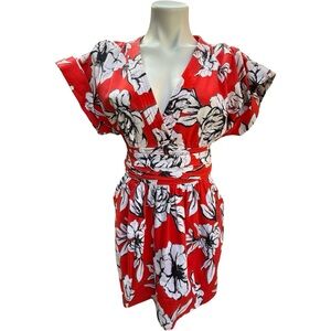 Marissa Webb Luciano Print Mini Dress Red Floral Belted Kimono Sleeve S